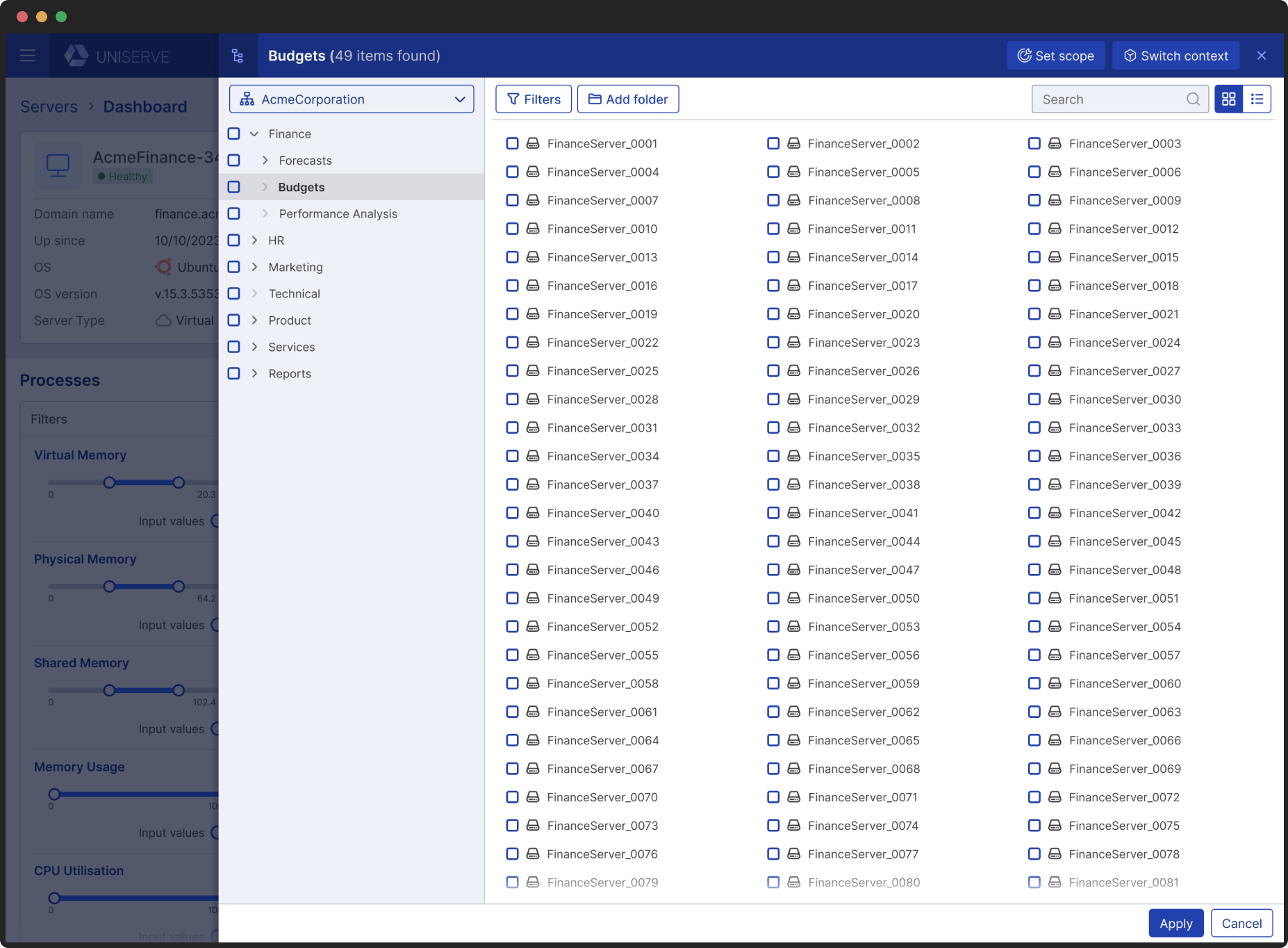 The new tree view opens as a modal. This method of integration was chosen as the tree is used in different places such as selections for a form element or as a step of a wizard.